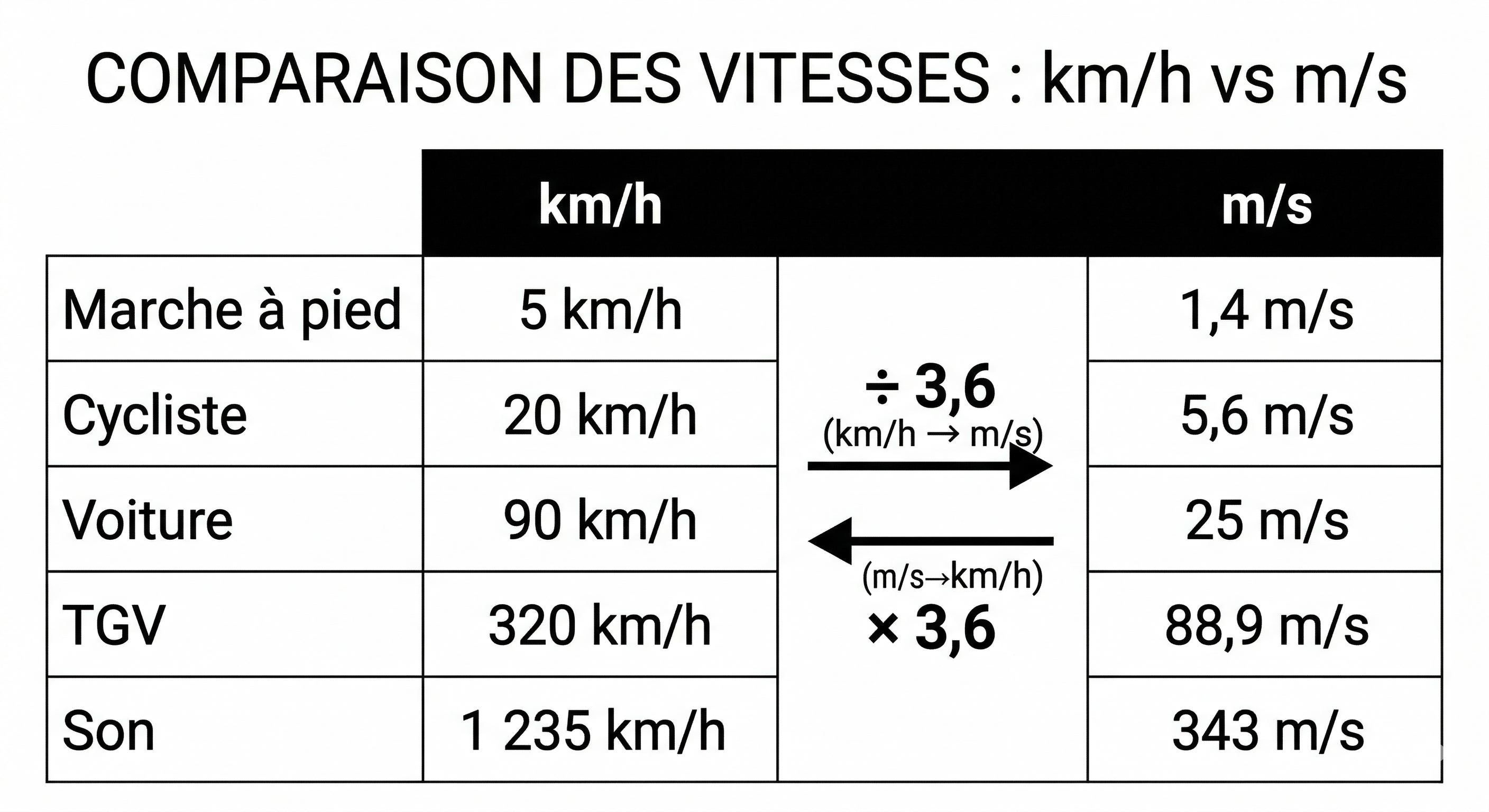 Tableau de conversion m/s et km/h avec exemples du quotidien