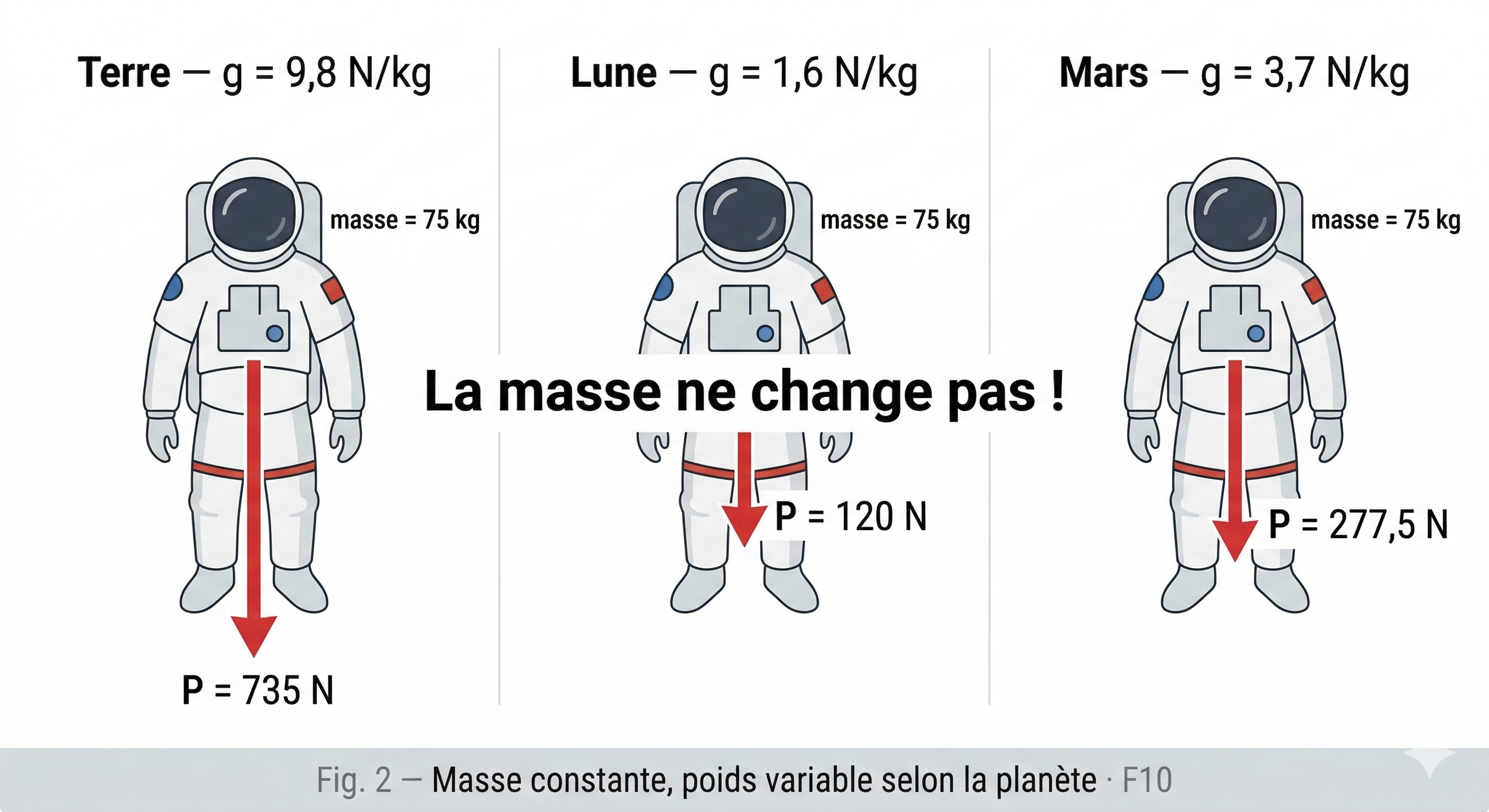 Même objet sur Terre, sur la Lune, sur Mars : masse identique, poids différent