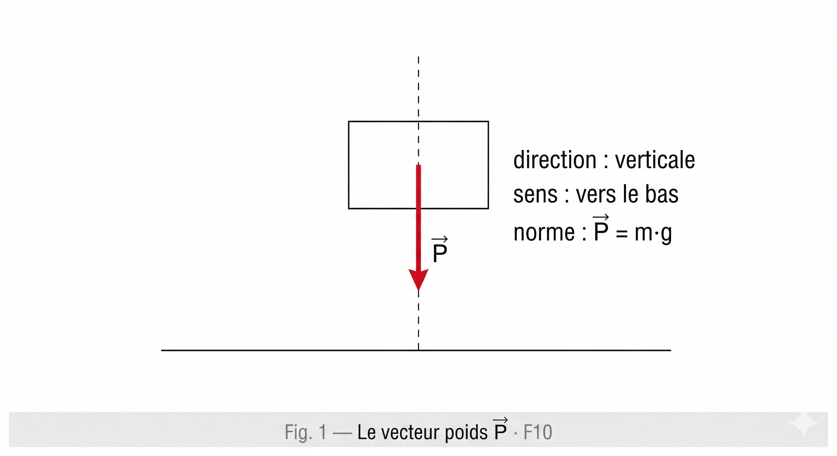 Objet avec le vecteur poids P→ vertical vers le bas